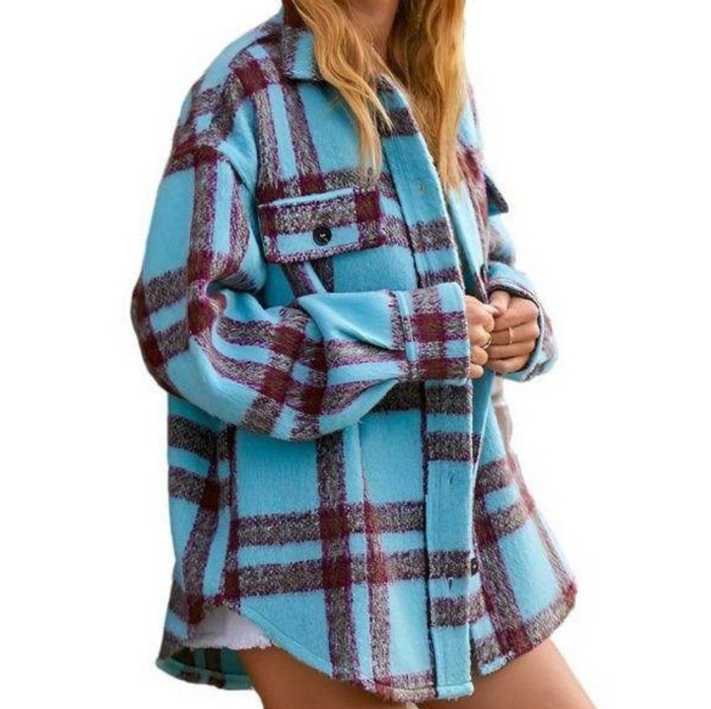 LA MIEL Plaid Button-Down Shirt Jacket in Aqua Blue and Burgundy